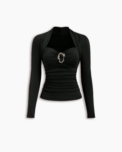 Metal Decor Button Full Sleeve Fitted Top in Black