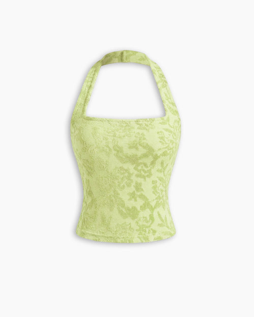 Lace Halter Sheer Fitted Top in Lemon Yellow