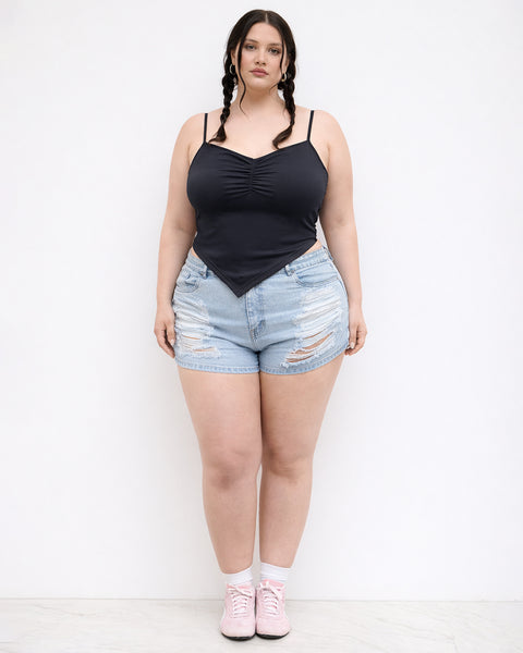 Ruched Spaghetti Strap Pointed Hem Top Curve & Plus