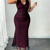 Mesh Halter Fitted Fishtail Dress Curve & Plus in Black and Deep Maroon