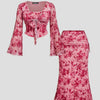 Floral Twist Front Flare Sleeve Top And Mermaid Tail Skirt Set Curve & Plus