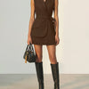 Belted Pleated Sleeveless Blazer Dress in Brown