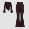 Ruched Full Sleeve Fitted Knit Top and Flare Pants Two Piece Set in Brown