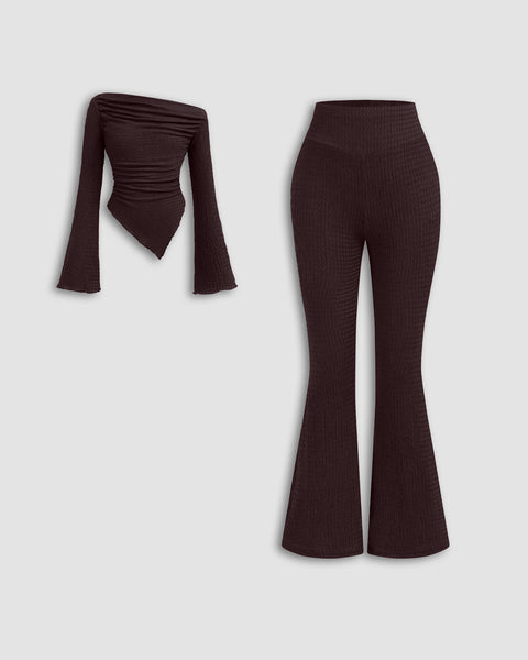 Ruched Full Sleeve Fitted Knit Top and Flare Pants Two Piece Set in Brown