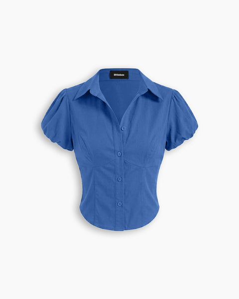 Puff Sleeve Crop Top in Blue