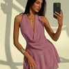 Draped Cowl Neck Backless Mini Dress in Dusty Pink