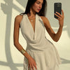 Draped Cowl Neck Backless Mini Dress in Beige
