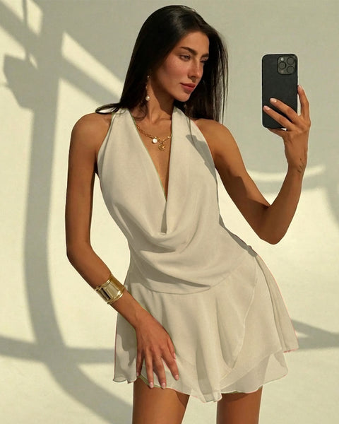 Draped Cowl Neck Backless Mini Dress in Beige