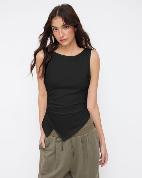 Boat Neck Ruched Asymmetrical Sleeveless Top in Black