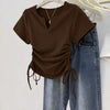 V-Neck Short Sleeve Drawstring Casual Top in Xpresso Brown