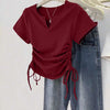 V-Neck Short Sleeve Drawstring Casual Top in Maroon