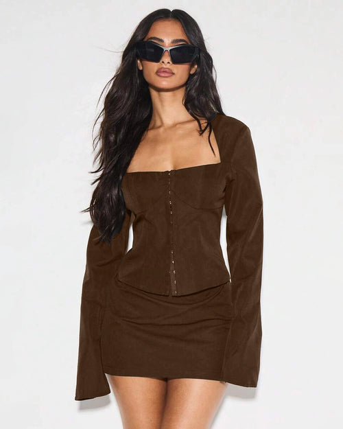 Corset Style Square Neck Flared Sleeve Top in Coco Brown