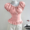 Tie-Up Shirred Drawstring Lettuce Hem Top in Dusty Pink