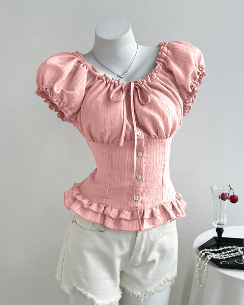 Tie-Up Shirred Drawstring Lettuce Hem Top in Pink