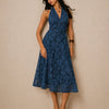 Floral Textured Halter Neck Waisted Midi Dress in Blue