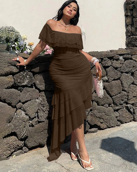 Off Shoulder Ruffle Asymmetrical Hem Mesh Dress Curve & Plus in Coco