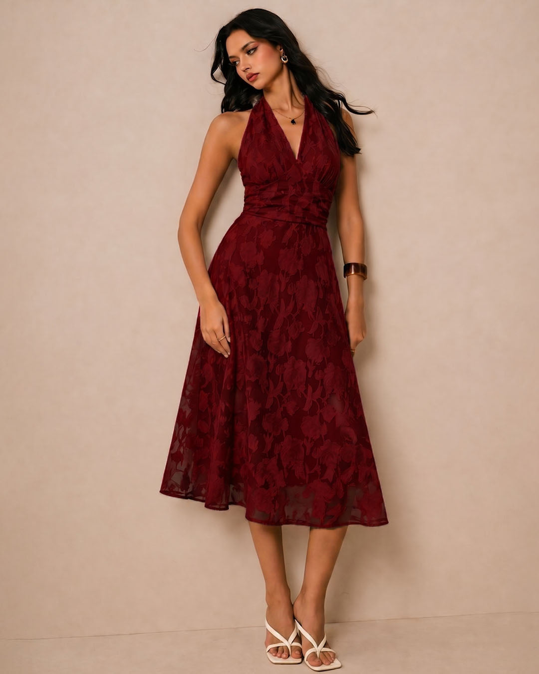 Customer photo 3 of Floral Textured Halter Neck Waisted Midi Dress