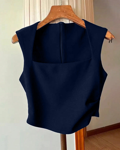 Pleated Waist Zip Back Sleeveless Tank Top in Blue