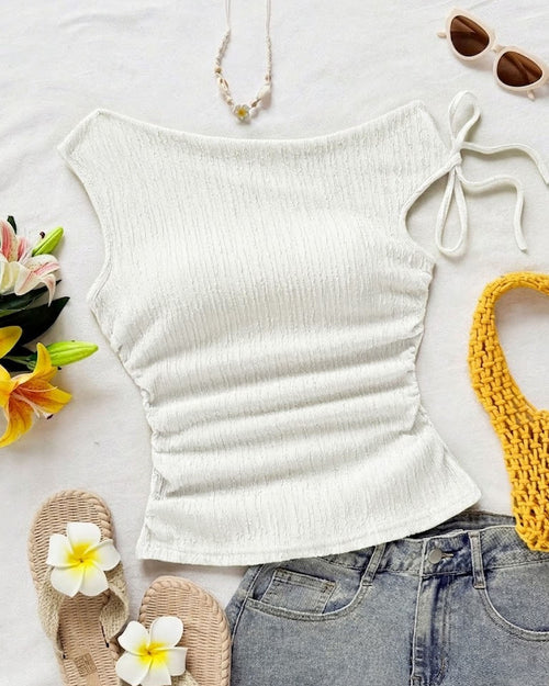 Asymmetrical Side Knot Sleeveless Top in White