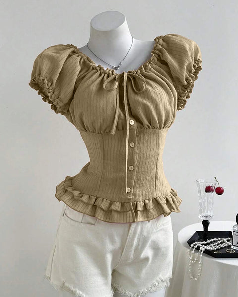 Tie-Up Shirred Drawstring Lettuce Hem Top