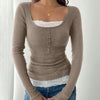 Round Neck Straight Hem Solid Ribbed Long Sleeve Top
