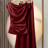 Solid Cowl Neck Loose Top and Maxi Skirt Set in Red