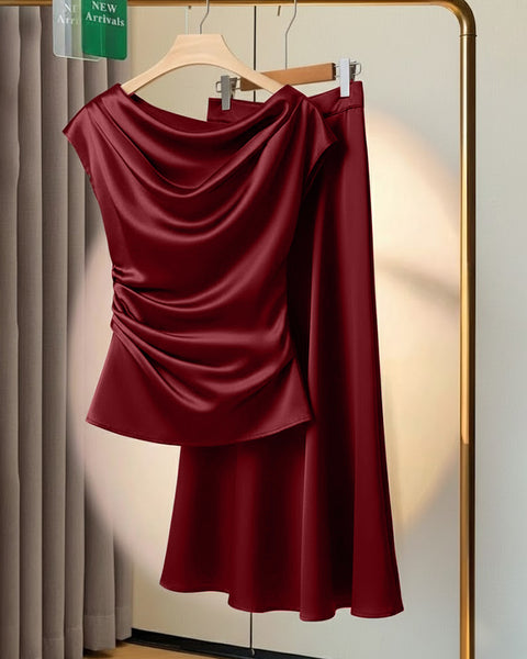 Solid Cowl Neck Loose Top and Maxi Skirt Set in Red
