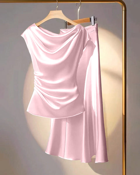Solid Cowl Neck Loose Top and Maxi Skirt Set in Pink