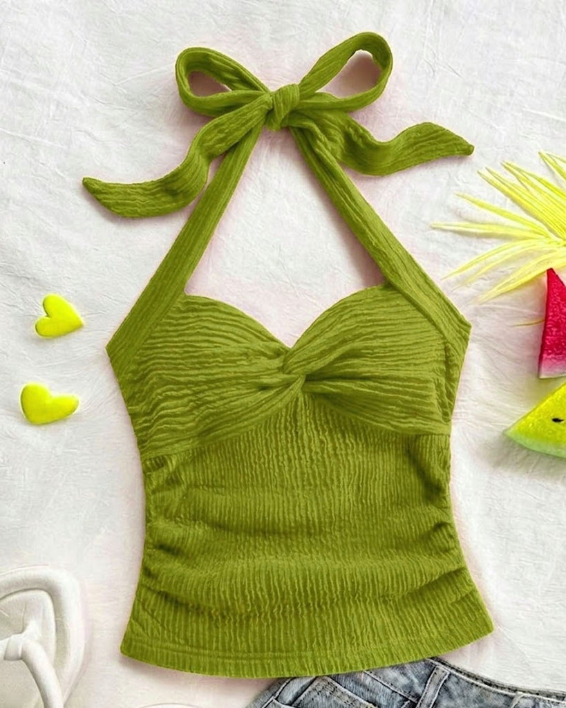 Tie-Up Twist Halter Neck Fitted Top in Dark Citron- Littlebox India