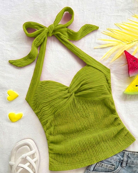 Tie-Up Twist Halter Neck Fitted Top in Dark Citron