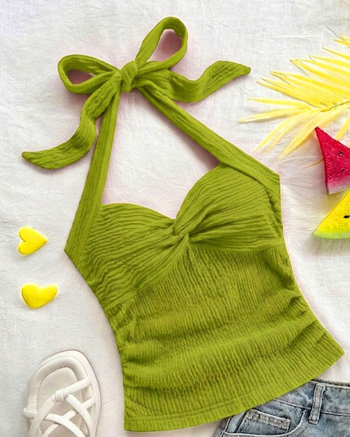Tie-Up Twist Halter Neck Fitted Top in Dark Citron