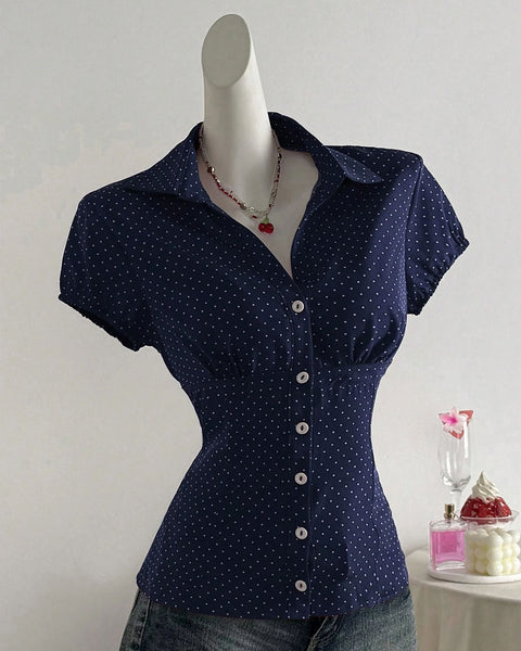 Polka Dot Button Down Slim Fit Short Sleeve Top