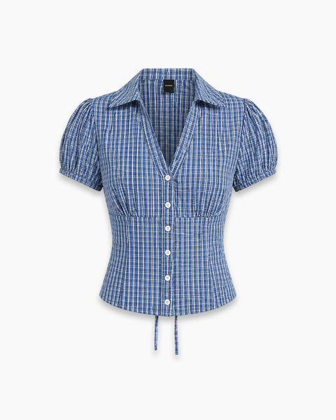 Checked Collared Button Short Sleeve Top