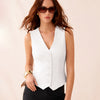 V-neck Knotted Cinched Waist Blazer Vest Top in White