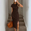 Waist Twist High Slit Sleeveless Midi Dress in Brown