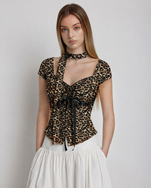 Leopard Print Sweetheart Neck Top with Scarf