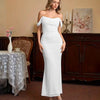 Off Shoulder Mermaid Slim Fit Straight Hem Solid Midi Dress in Classic White