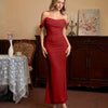 Off Shoulder Mermaid Slim Fit Straight Hem Solid Midi Dress in Scarlet Red