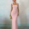 Square Neck Bodycon Mermaid Hem Solid Sleeveless Maxi Dress in Rose Pink