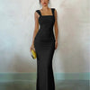 Square Neck Bodycon Mermaid Hem Solid Sleeveless Maxi Dress in Black