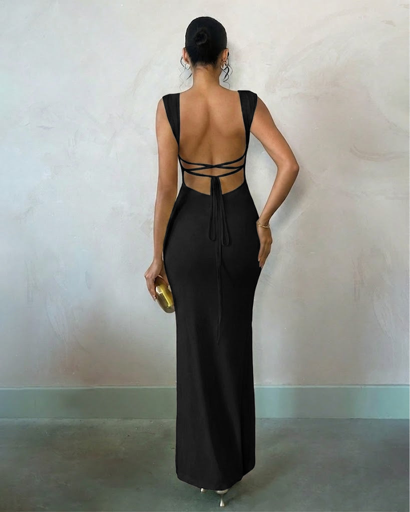 cut out backless square neck mermaid hem bodycon dress Solid Sleeveless Maxi in Black- Littlebox India Size:US 16W Satin Fit Occasion:Birthday Sheer Embellished Backless Maxi