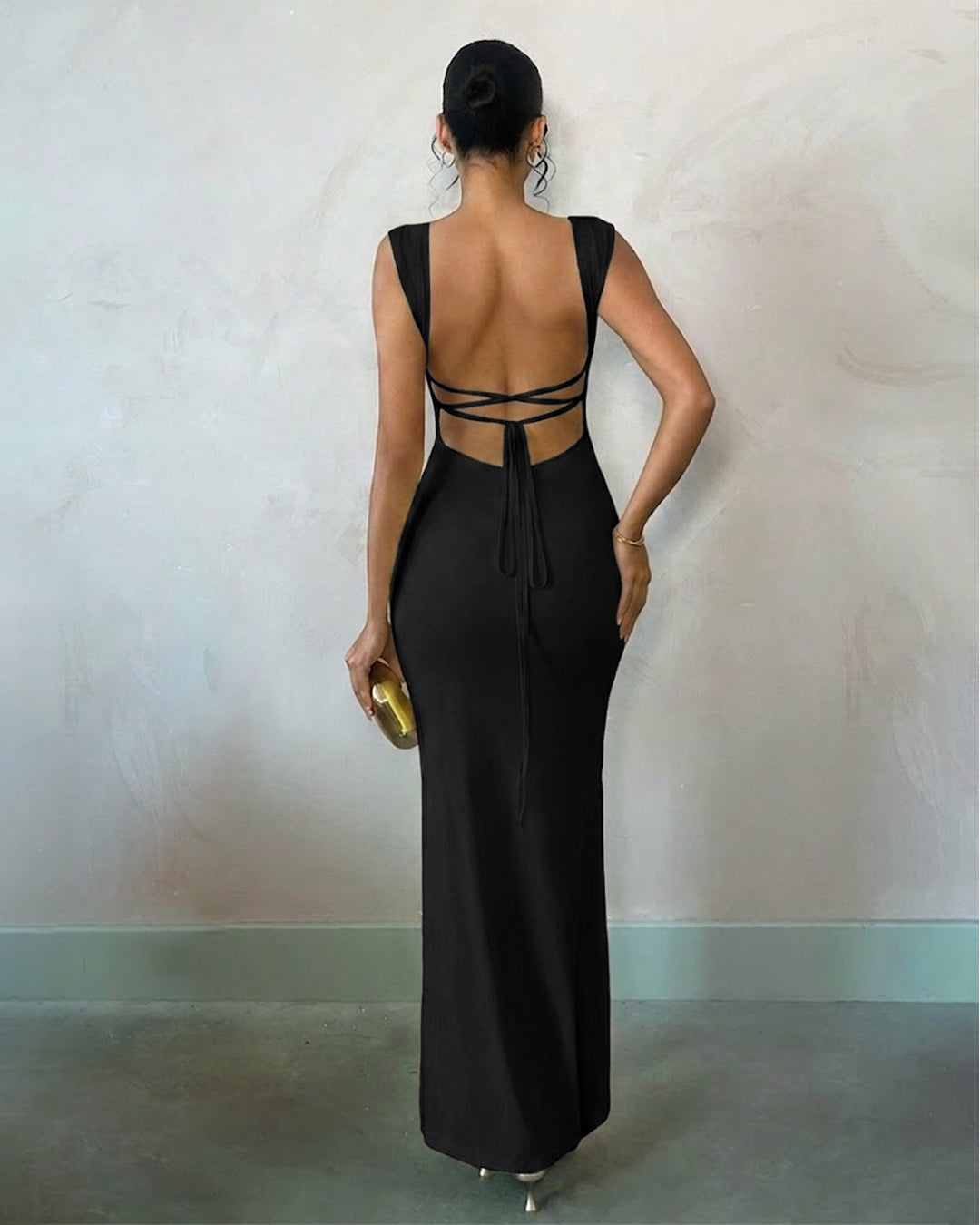 Square Neck Bodycon Mermaid Hem Solid Sleeveless Maxi Dress in Black- Littlebox India