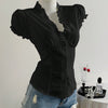 Ruffled V-Neck Curved Hem Solid Short Puff Sleeve Top in Black