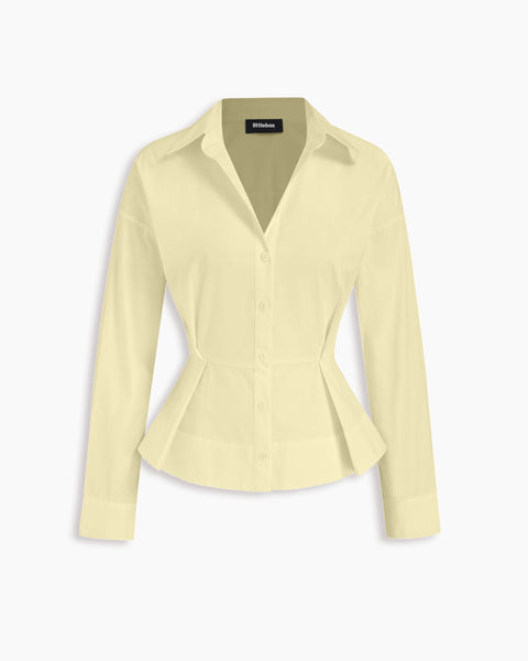 Ruched Peplum Full Sleeve Flared Hem Top in Vanilla