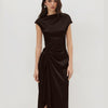 Asymmetrical Neck Twist Split Midi Dress in Coffee