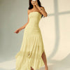 Strapless Bodycon Asymmetrical Hem Solid Sleeveless Midi Dress in Vanilla