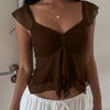 Chest Ruffle Mesh Flare Sleeve Top in Cocoa Brown