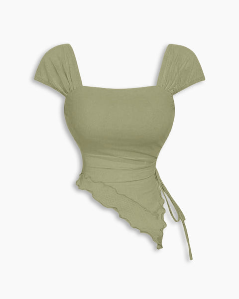 Tie Front Asymmetrical Hem Sleeveless Top in Herbal