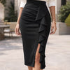 Slim Fit Asymmetric Ruffle Hem Solid Bodycon Midi  Skirt in Black
