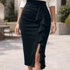 Slim Fit Asymmetric Ruffle Hem Solid Bodycon Midi  Skirt in Navy Blue